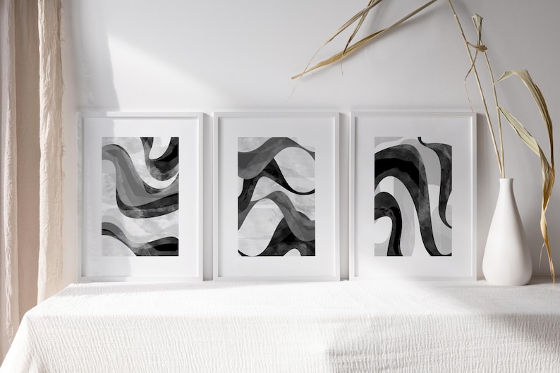 Abstract Shapes Gray Black and Grey Abstract Wave Wall Art Set of 3, Fluid Watercolor Lines ...