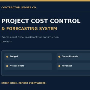 May include: A dark blue digital interface for a Contractor Ledger Co. project cost control and forecasting system. It features an Excel workbook for construction projects with sections for Budget, Commitments, Actual Costs, and Forecast.