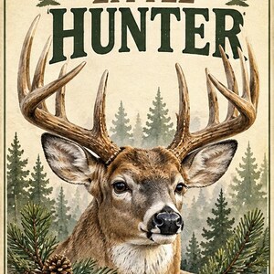 Könnte beinhalten: Ein rechteckiger Wandkunstdruck mit einer detaillierten Illustration eines Hirsches mit großem Geweih. Der Text LITTLE HUNTER ist in Dunkelgrün über dem Hirsch gedruckt. Der Hintergrund zeigt einen Kiefernwald, mit Kiefernzweigen und einem Kiefernzapfen im Vordergrund.
