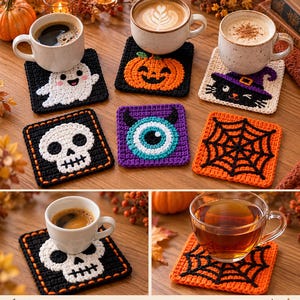 Halloween Crochet Coaster Patterns: 6 Designs, Ghost, Pumpkin, Witch Hat, Skull, Evil Eye & Spider Web PDF