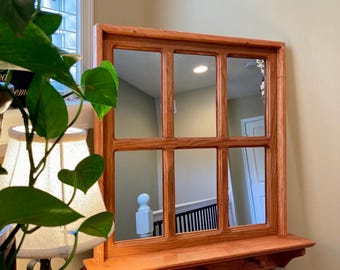 Farmhouse Wall Art Mirror, Window Wall Decor in Colonial Maple Stain