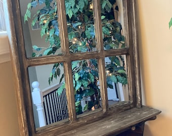Farmhouse Window Mirror with Shelf, Bathroom Mirror in Driftwood Stain