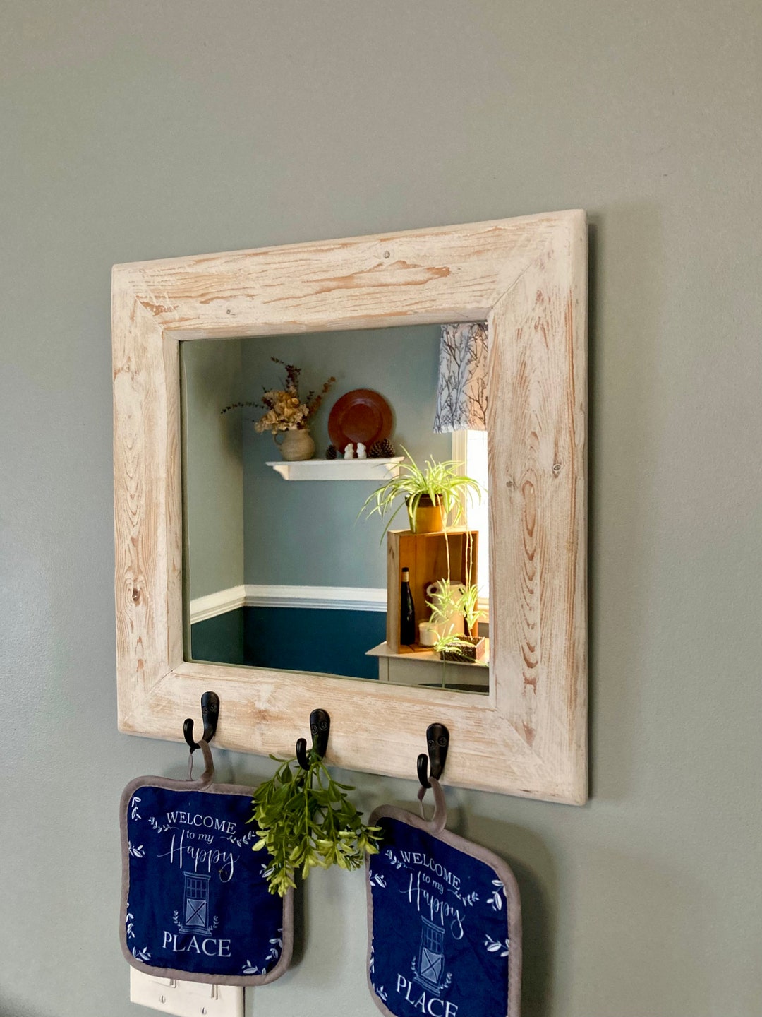 White Mirror, Rustic Mirror, White Rustic Mirror, Mirror With Hooks Etsy