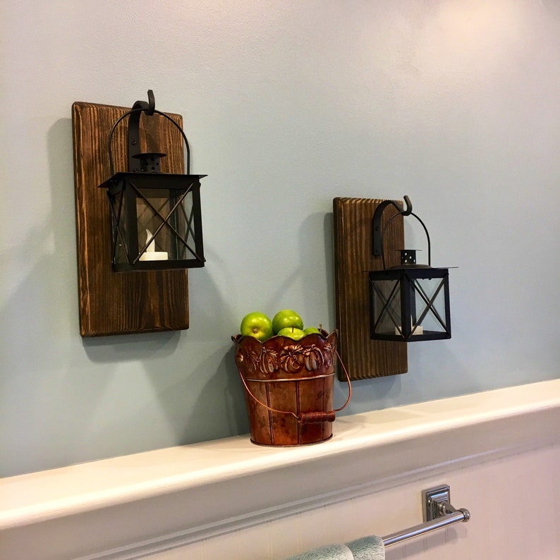 RUSTIC HANGING LANTERN Iron Hooks Set Of Two Wood Sconces Etsy