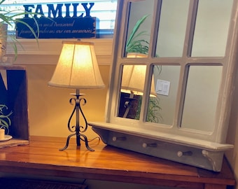 Farmhouse Window Mirror with Shelf in Light Gray