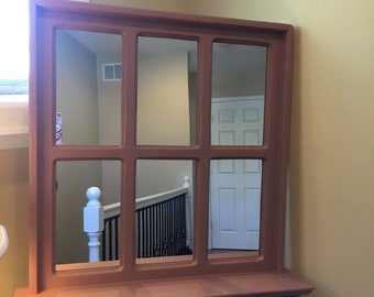 Farmhouse Window Mirror with Shelf Bathroom Mirror Rustic Window Mirror Rustic Mirror Large Window Mirror Windowpane Mirror in Apache Clay