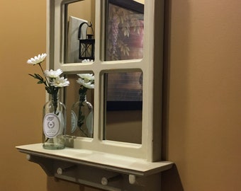 Farmhouse Window Mirror: Wall Decor with Shelf in Basket Beige