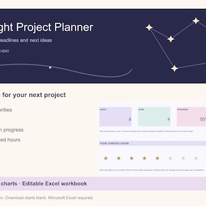 Starlight Project Planner for Excel, Task Tracker with Deadlines and Progress Dashboard
