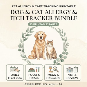 Registro de alergias para perros y gatos (imprimible) / Registro de picores, prueba de alimentos, seguimiento de brotes, notas de visitas al veterinario / Paquete de PDF rellenable