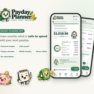 Budgetplanner-app, salaris- en schuldenafbetalingstracker (digitale download)