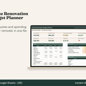 Pianificatore di budget per la ristrutturazione della casa in Excel e Fogli Google, foglio di calcolo per il monitoraggio dei costi di ristrutturazione, strumento per il monitoraggio dei preventivi e delle spese degli appaltatori.