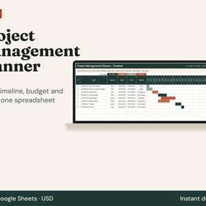Pode incluir: Uma planilha digital de gerenciamento de projetos exibida na tela de um laptop. O texto diz Work, Project Management Planner e Tasks, timeline, budget and risks in one spreadsheet. Na parte inferior inclui Excel, Google Sheets, USD.