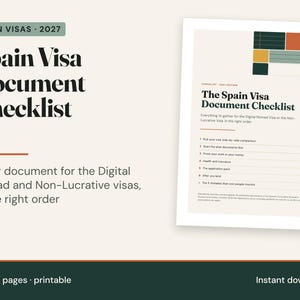 May include: A digital document titled Spain Visa Document Checklist 2027, featuring a list of requirements for Digital Nomad and Non-Lucrative visas. The page includes a graphic with orange, dark green, and yellow rectangles at the top.
