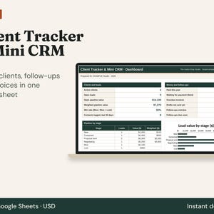 Client Tracker Spreadsheet, Freelancer CRM, Lead Tracker, Follow Up Reminder, Invoice Tracker, Small Business, Excel & Google Sheets