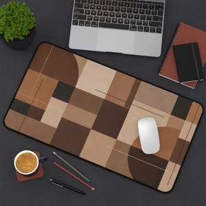 Brown Desk Mat, Geometric Grid Pattern in Walnut and Taupe