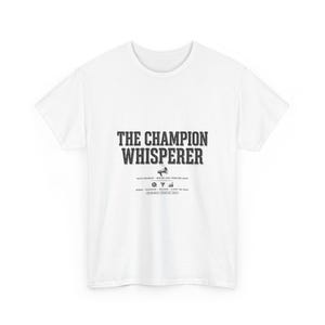 May include: A white short-sleeve t-shirt featuring the black text THE CHAMPION WHISPERER, a small megaphone icon, and the subtext SALES ENGINEER - MAKING LOUD PROBLEMS QUIET, along with gear, funnel, and bar chart icons and text.