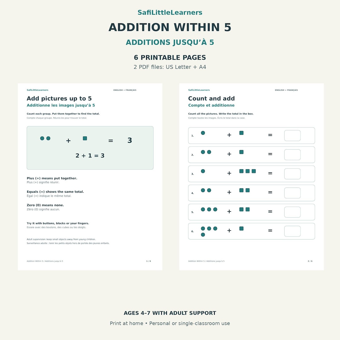 Addition Within 5 Worksheets, English French Picture Math, Kindergarten ...