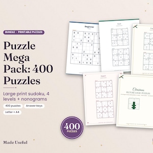 Peut inclure: Un ensemble numérique de puzzles imprimables intitulé Puzzle Mega Pack: 400 Puzzles. Le lot comprend des sudokus en gros caractères avec quatre niveaux de difficulté et des nonogrammes, incluant des corrigés aux formats Letter et A4.