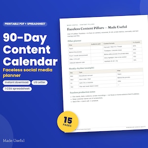Spreadsheet voor een contentkalender van 90 dagen, een anonieme socialmediaplanner, een checklist voor het bundelen van content en pakkende bijschriften.