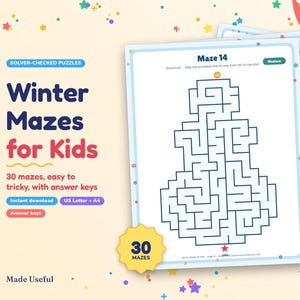 May include: A printable activity set titled Winter Mazes for Kids featuring 30 puzzles. The page displays Maze 14, a snowman-shaped maze with a medium difficulty label, GO and star markers, and a yellow 30 Mazes badge on a cream background.