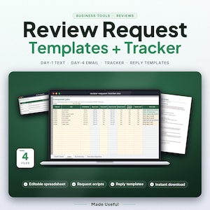 May include: A digital business tool set featuring a review request tracker spreadsheet on a laptop screen, accompanied by text documents. The display shows columns for job tracking, dates, and status updates. Includes 4 files for review management.