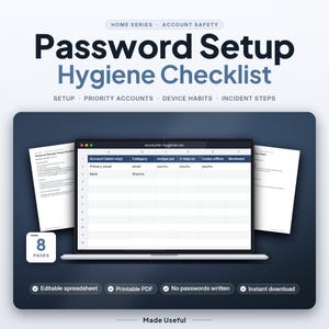 以下が含まれることがあります： Password Setup Hygiene Checklistというタイトルのデジタル文書。accounts-hygiene.csvという名前のスプレッドシートが表示されており、アカウント、カテゴリ、固有パスワード、2段階認証、オフラインコード、確認状況の列があり、全8ページで構成されています。