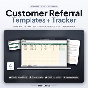Op de afbeelding: Een digitaal productset getiteld Customer Referral Templates + Tracker met een laptop die een spreadsheet toont met kolommen voor datums, verwijzingsbronnen, contactstatus en bedankjes, inclusief vier bestanden met scripts.