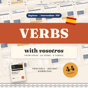 Op de afbeelding: Een digitale educatieve gids getiteld VERBS with vosotros met 24 werkwoorden en 9 tijden uit Spanje. Het document bevat 44 pagina's met printbaar lesmateriaal voor Spaans met tabellen en tekst in een beige, blauw en oranje kleurenschema.
