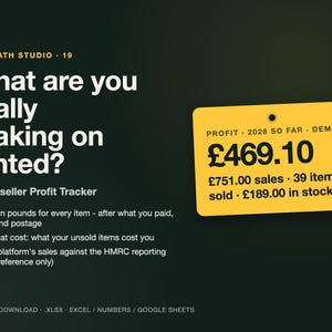 Op de afbeelding: Een digitaal winstvolgsysteem voor wederverkopers in het VK genaamd What are you really making on Vinted? met een geel label dat een demowinst van £469.10, 39 verkochte items en £189.00 aan voorraadwaarde voor 2026 weergeeft.