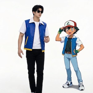 Op de afbeelding: Een blauw vest met een witte kraag en gele bies, gedragen over een wit t-shirt en een zwarte broek. Het vest heeft een ritssluiting en zijzakken. Daarnaast staat een geanimeerd personage met een identiek blauw vest en een rood-witte pet.
