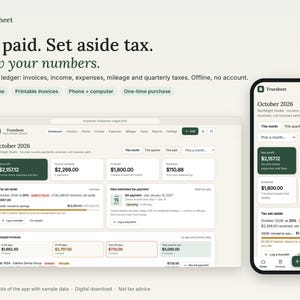 May include: A digital interface for Truesheet freelancer ledger software displayed on a laptop screen and a smartphone. The dashboard shows financial data for October 2026, including net profit, income, expenses, and tax set-aside calculations.