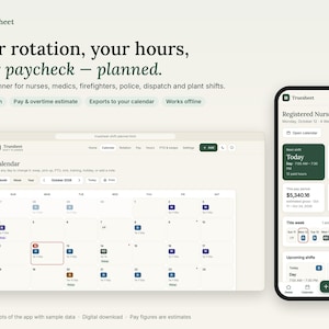 May include: A digital interface for the Truesheet shift planner app displayed on a desktop browser and a mobile phone. The screen shows a calendar view, shift schedules, pay estimates, and overtime tracking for healthcare and emergency workers.