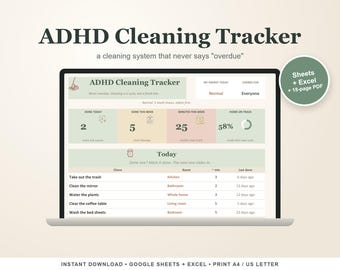 Planer sprzątania dla osób z ADHD, śledzenie obowiązków domowych w Arkuszach Google i Excelu, lista kontrolna sprzątania do druku
