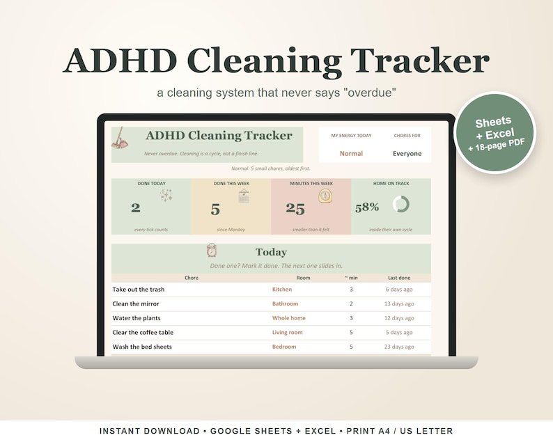 Planer sprzątania dla osób z ADHD, śledzenie obowiązków domowych w Arkuszach Google i Excelu, lista kontrolna sprzątania do druku zdjęcie 1