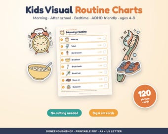 Wizualne wykresy rutyny dla dzieci, karty obrazkowe przyjazne dla osób z ADHD (120 kart, PDF)