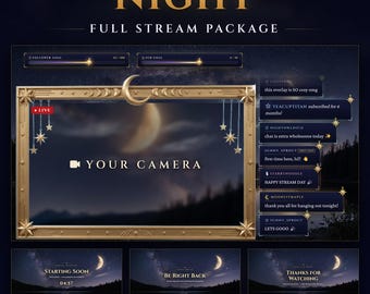 Pacchetto per streaming Twitch "Notte Celeste", sovrapposizione animata di luna e stelle (download digitale)