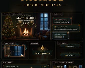 Fireside Christmas Twitch Stream Package, Animated Cozy Holiday Overlay Pack, Alerts, Chat, Goal Bar, Webcam Frame, Screens, Panels, Stinger