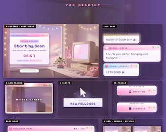 Y2K Twitch Stream Package, Animated Retro Computer Overlay Pack, Alerts, Chat, Goal Bar, Webcam Frame, Screens, Panels, Stinger