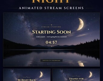 Notte Celeste Twitch Inizio a breve Schermata, BRB e Finale, Lago illuminato dalla luna animato (Download digitale)