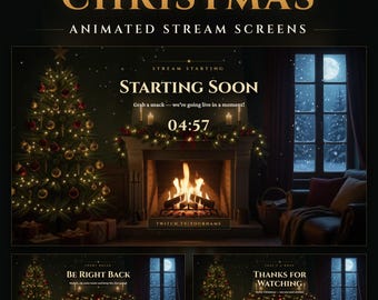 Schermata animata di Twitch "Inizia a breve" a tema natalizio, BRB e finale, accogliente camino, neve (download digitale)