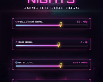 Barra degli obiettivi Twitch al neon, widget animato per i bit degli abbonati dei follower (download digitale)