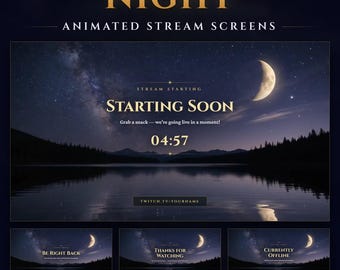 Celestial Night Twitch Starting Soon Screen, BRB & Ending, Animated Moonlit Lake (Digital Download)