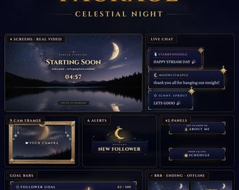 Celestial Night Twitch Stream Package, Animated Moon Stars Overlay Pack, Alerts, Chat, Goal Bar, Webcam Frame, Screens, Panels, Stinger