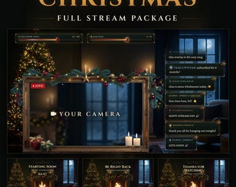 Pacchetto per lo streaming Twitch di Natale davanti al camino, con overlay animato, chat, barra degli obiettivi e cornice per webcam (download digitale)