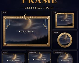 Celestial Night Animated Twitch Webcam Frame, Art Deco Moon Phase Webcam Overlay and Camera Border for OBS Streamlabs (Digital Download)