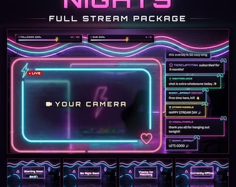 Neon Nights Twitch Stream Package, Animated Synthwave Overlay (Digital Download)