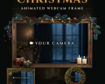 Animated Christmas Twitch Webcam Frame, Gold Garland, Wreath, Fairy Lights (Digital Download)