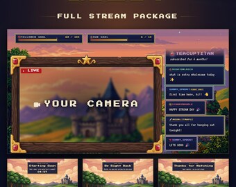 Pixel Quest Twitch Stream Package, overlay RPG a 16 bit con chat, cornice per webcam, schermate, ruota della fortuna (download digitale)