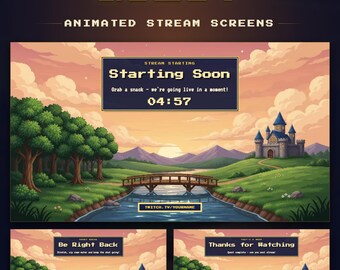 Pixel Art Twitch Starting Soon Screen, BRB & Ending, Animated Castle Valley (Download digitale)