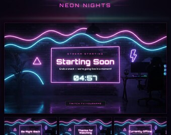 Neon Nights Twitch Starting Soon Screen, BRB, Ending & Offline, Animated Neon Room Stream Background (Digital Download)
